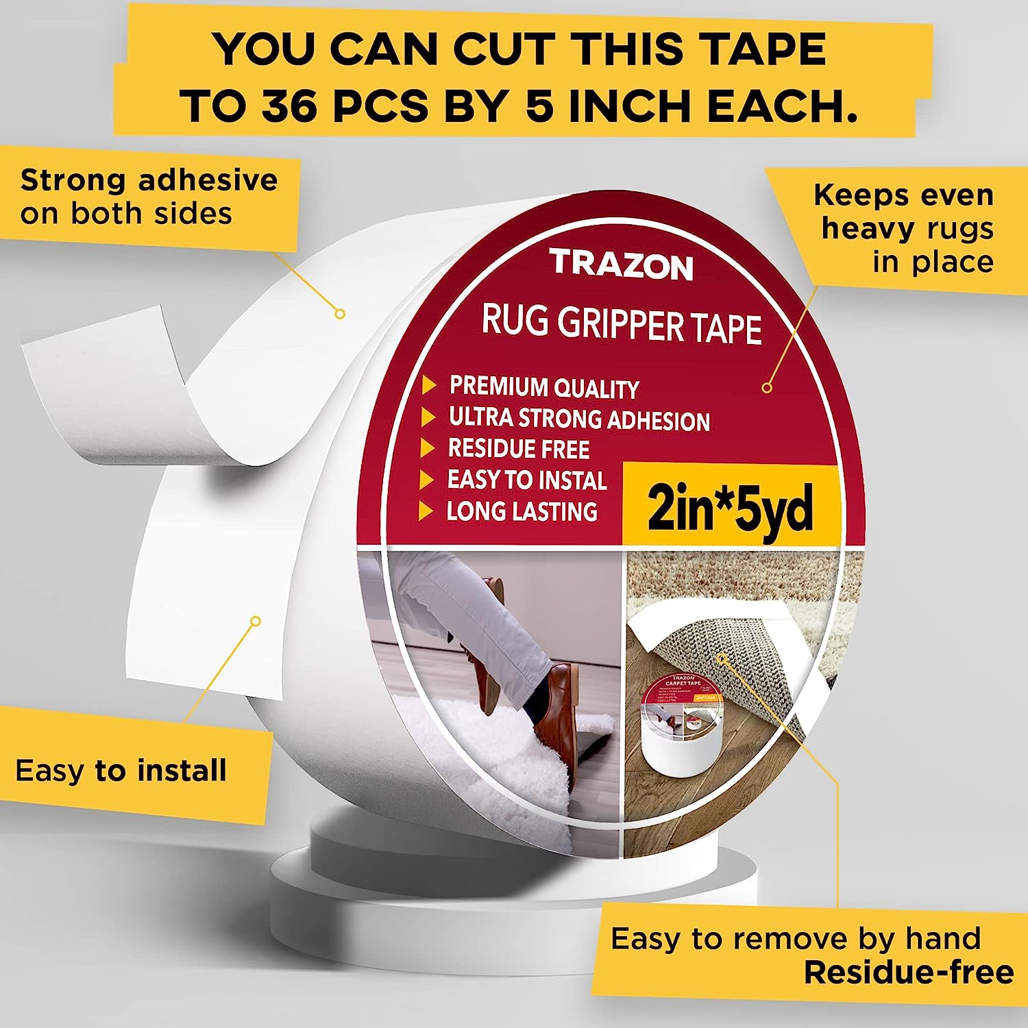 Trazon Carpet Tape Double Sided - Rug Tape Grippers for Hardwood Floors and Area Rugs - Carpet Binding Tape Strong Adhesive and Removable, Heavy Duty Stickers Tape, Residue Free (2 Inch / 5 Yards) - Image 2